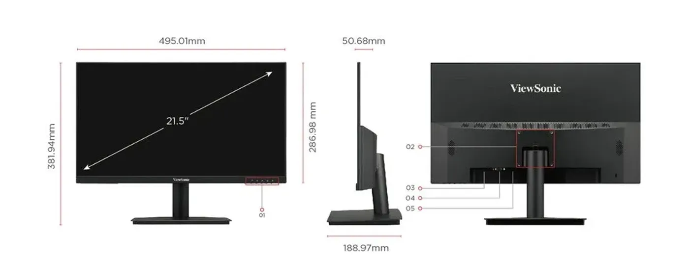 Rear view of monitor showing 75mm VESA mount points and I/O ports