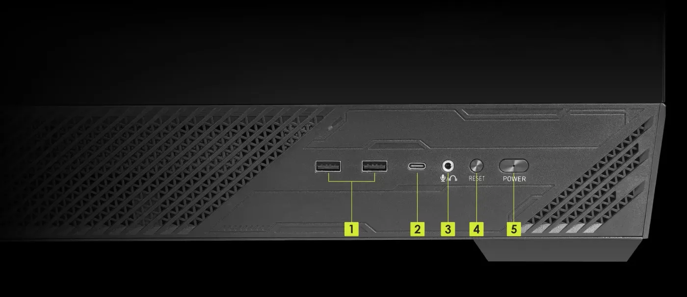 Front panel I/O interface with USB, audio, and power control ports