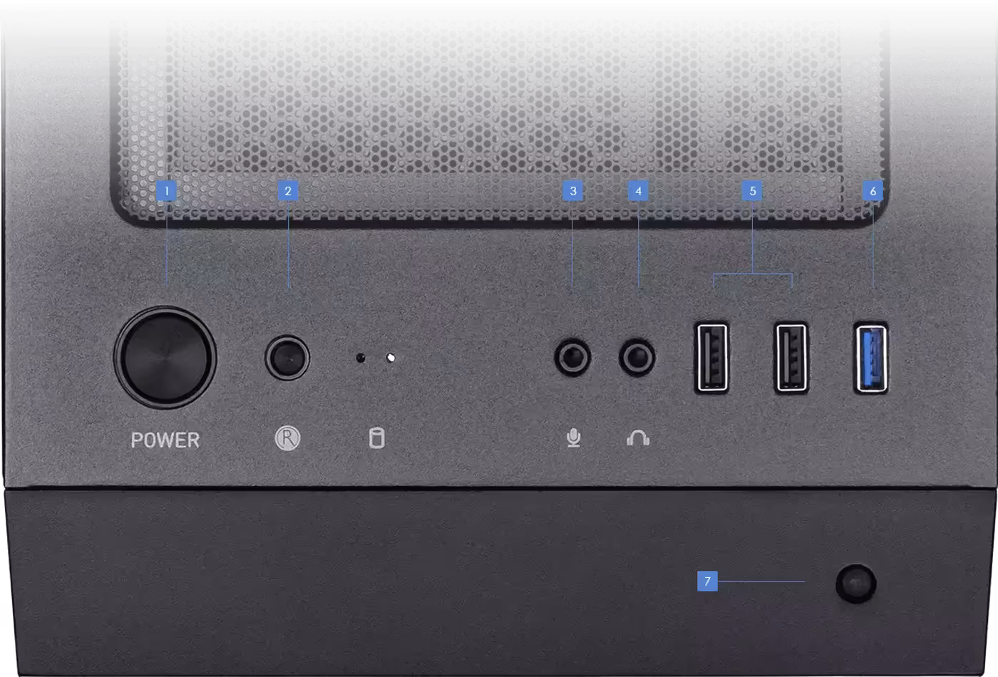 Front I/O interface showing USB ports, audio jacks, and power controls