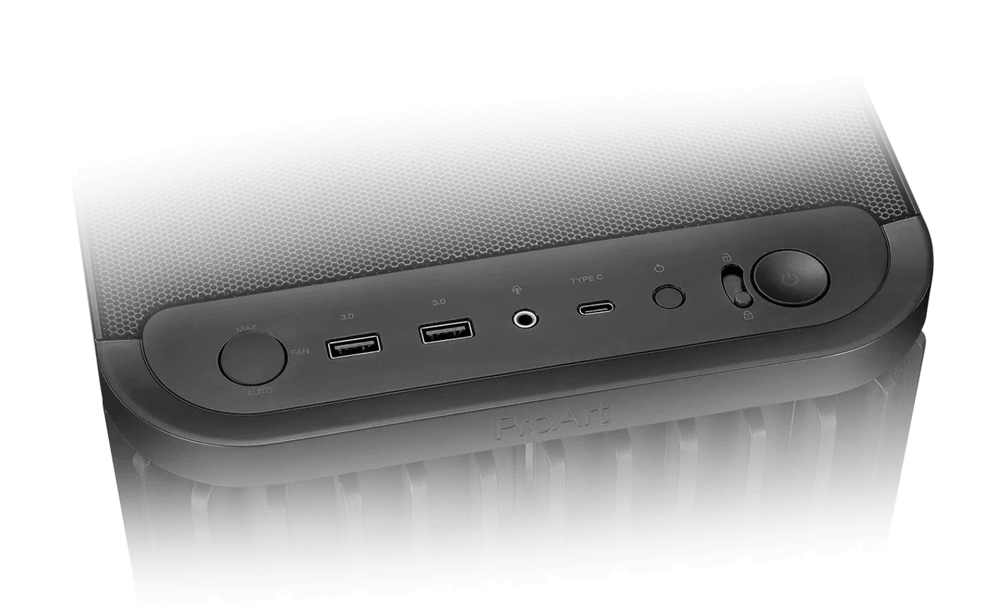 Front I/O showing 20Gbps USB Type-C and fan speed control