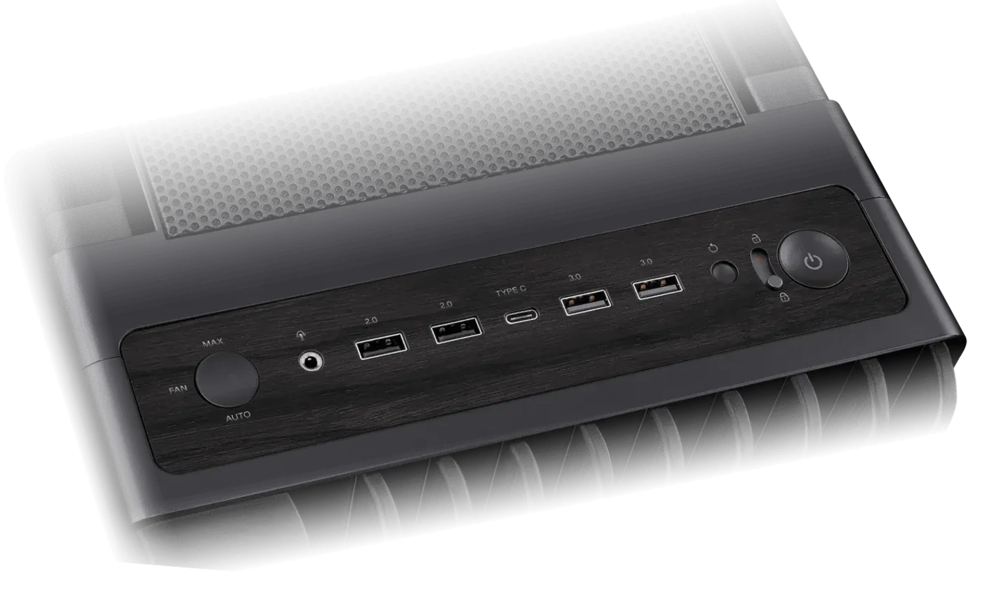 ProArt PA602 wood edition case front panel I/O, including power latch, fan speed control and USB Type-C port