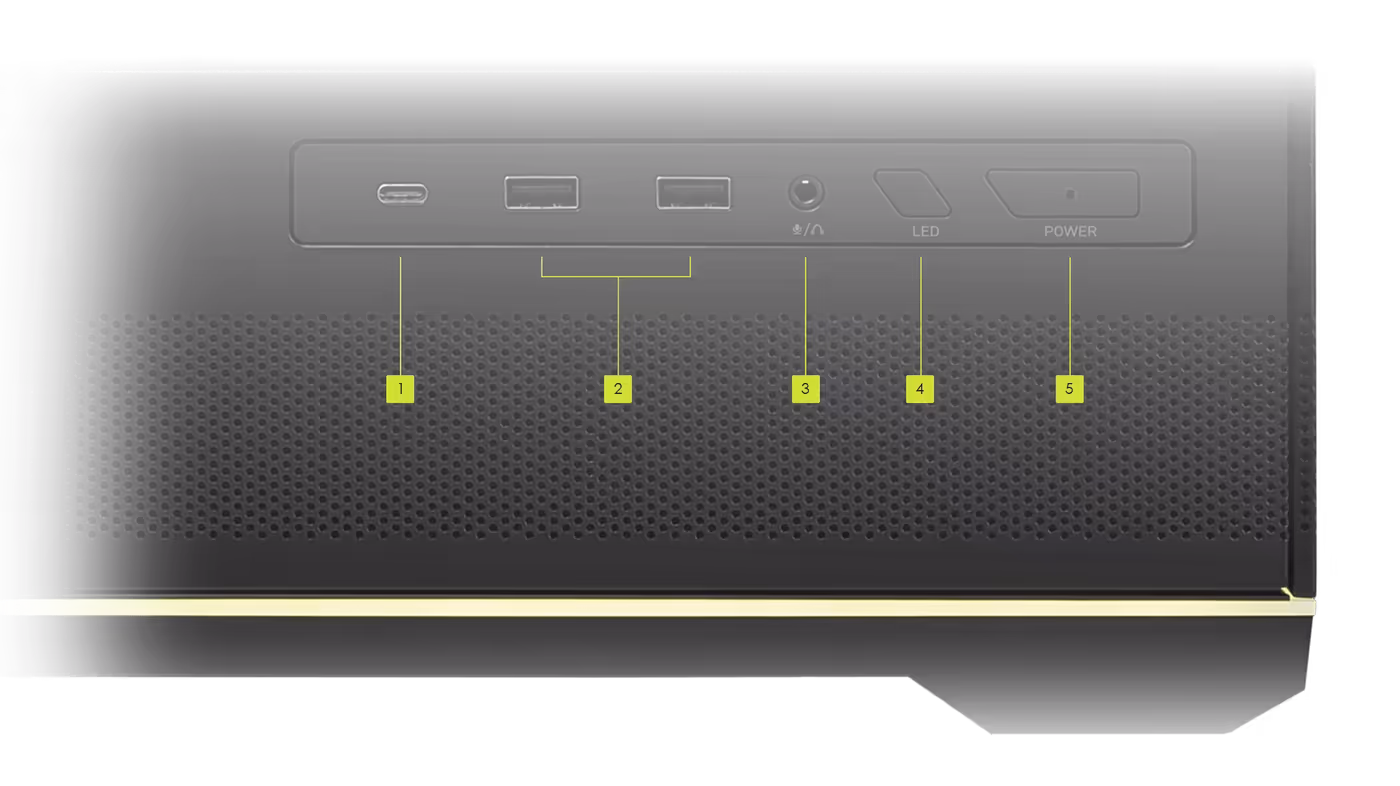 Front I/O panel showing USB Type-C, Type-A ports, and LED control button