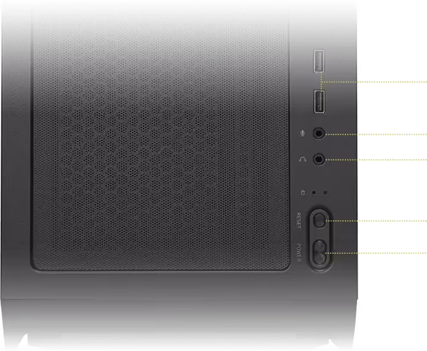 Front I/O panel featuring USB 5Gbps Type-A, mic, audio, and power buttons