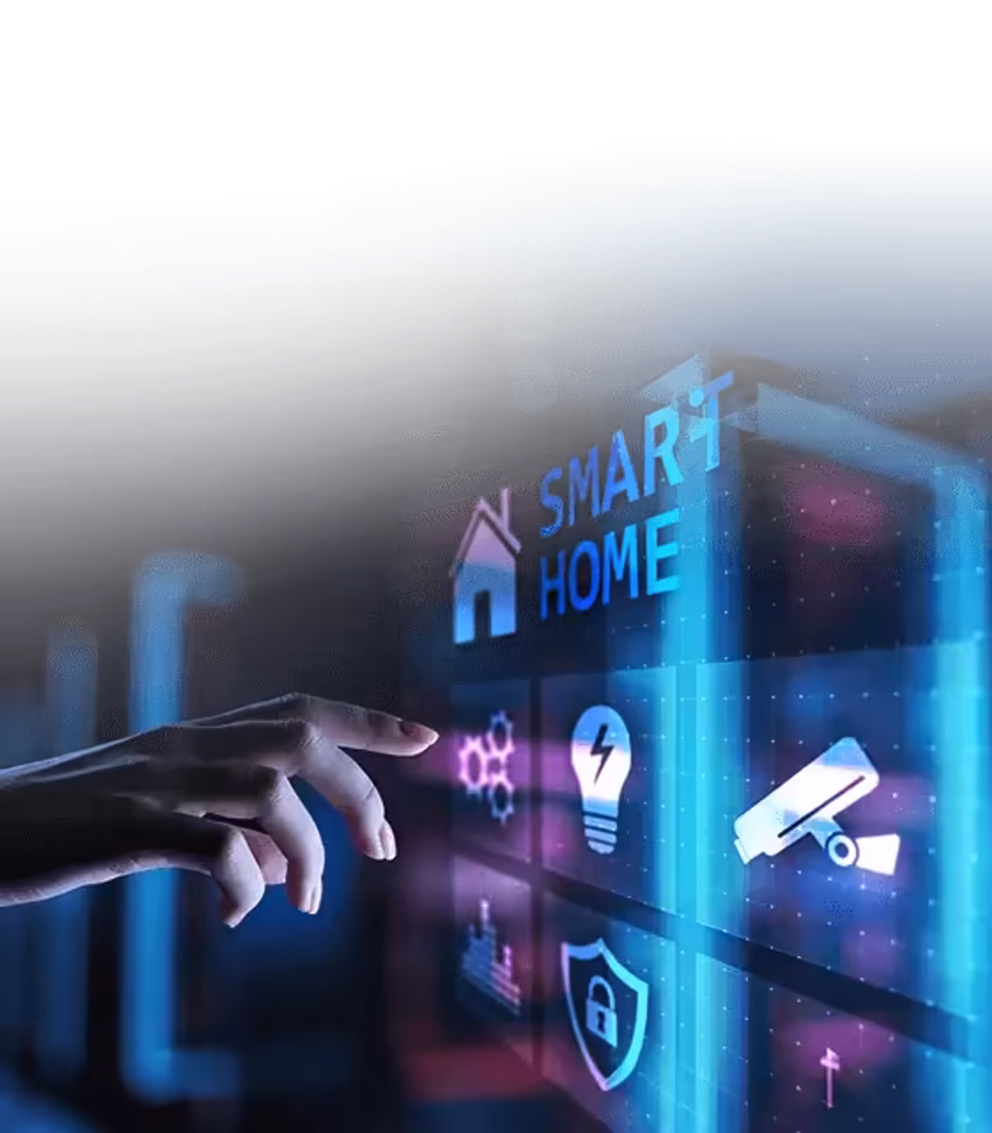 Hand interacting with a smart home control interface showing connected device icons