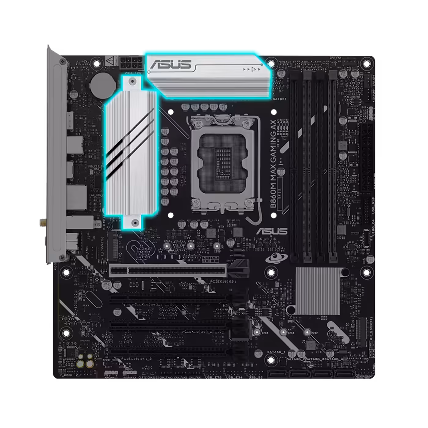 Detailed view of VRM heatsinks and thermal pads on the motherboard