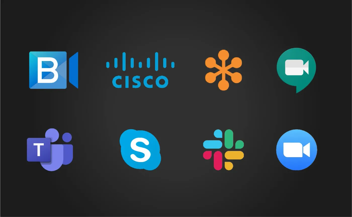Logos of compatible video software including Zoom, Teams, and Google Meet