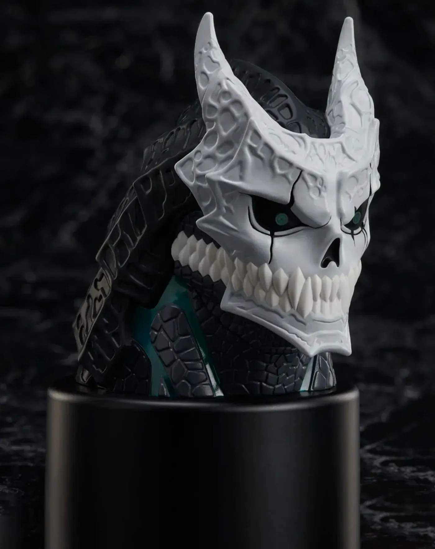 Angled view of the Kaiju No. 8 luminous head figure with its lamp lit