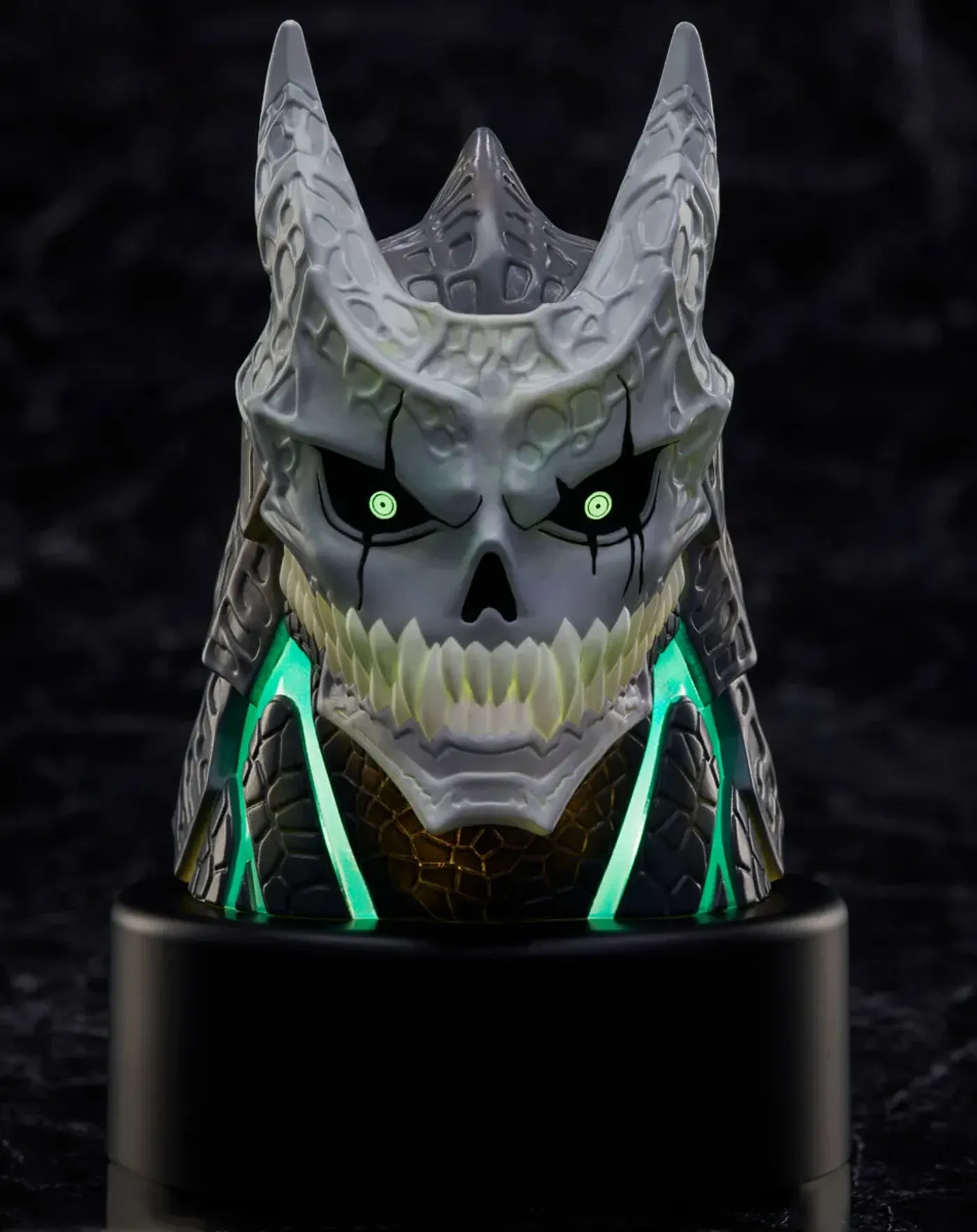 Close view of the fine sculpted detail on the Kaiju No. 8 head figure