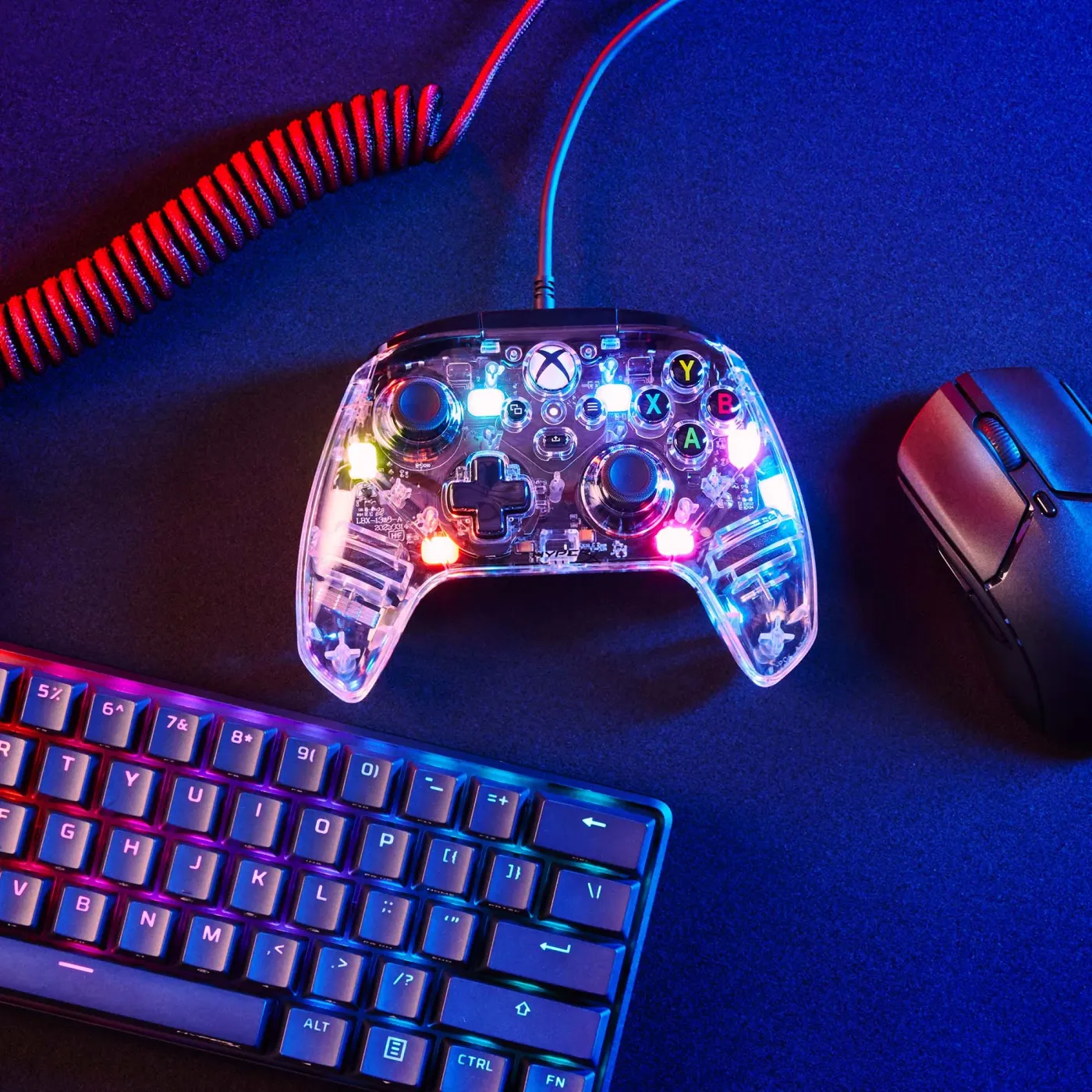 HyperX Clutch Gladiate RGB controller showcasing customizable RGB lighting patterns and colors
