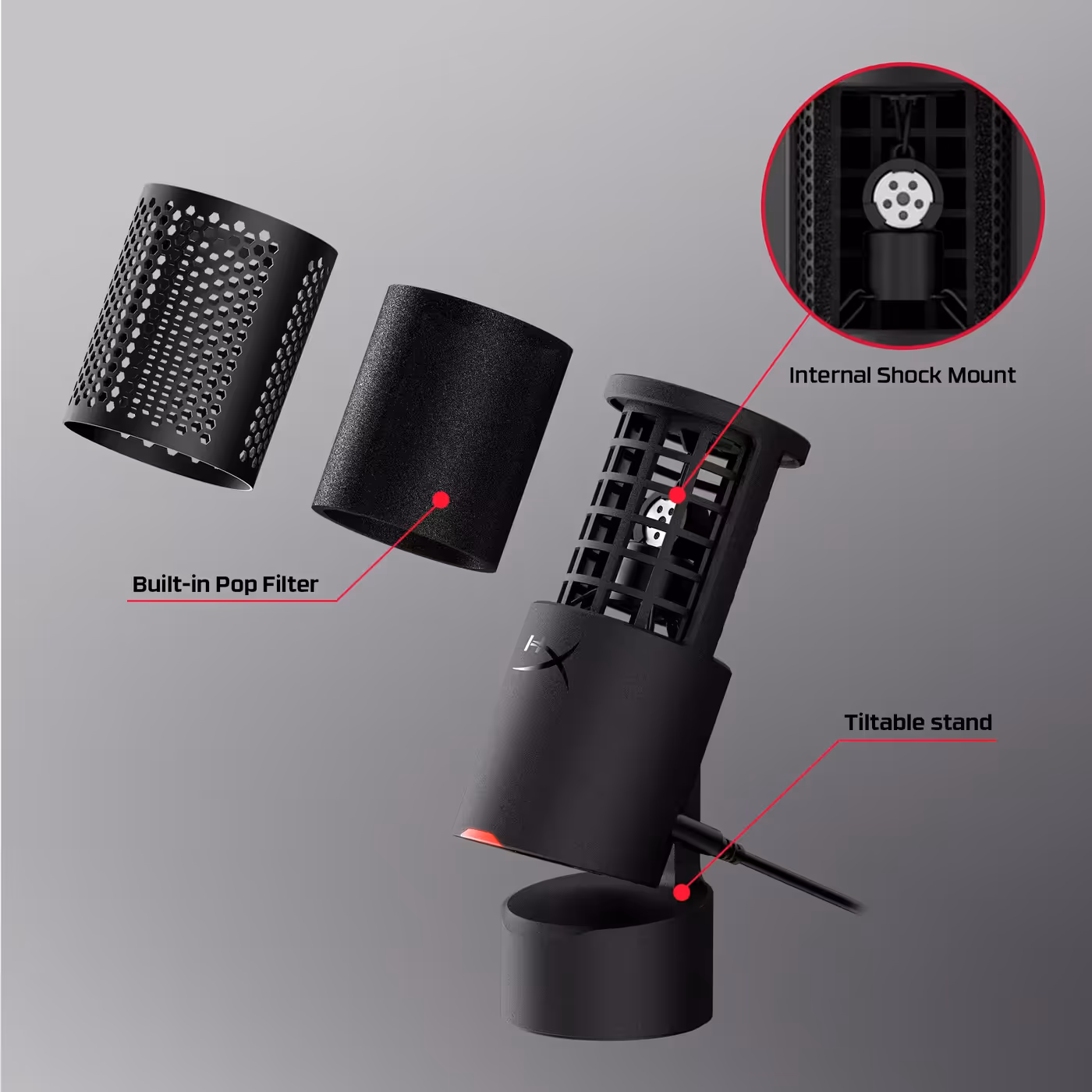All-in-one microphone setup with built-in filter and stand