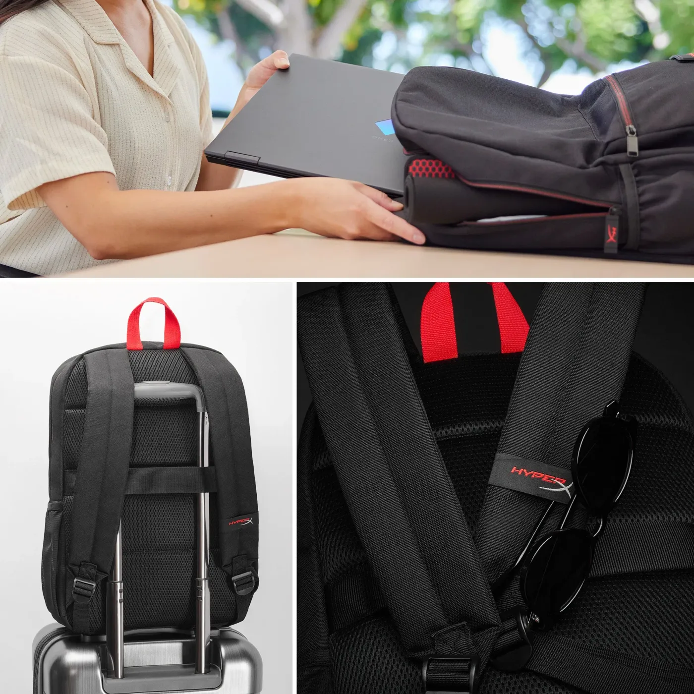 HyperX Delta gaming backpack featuring luggage pass-through for travel