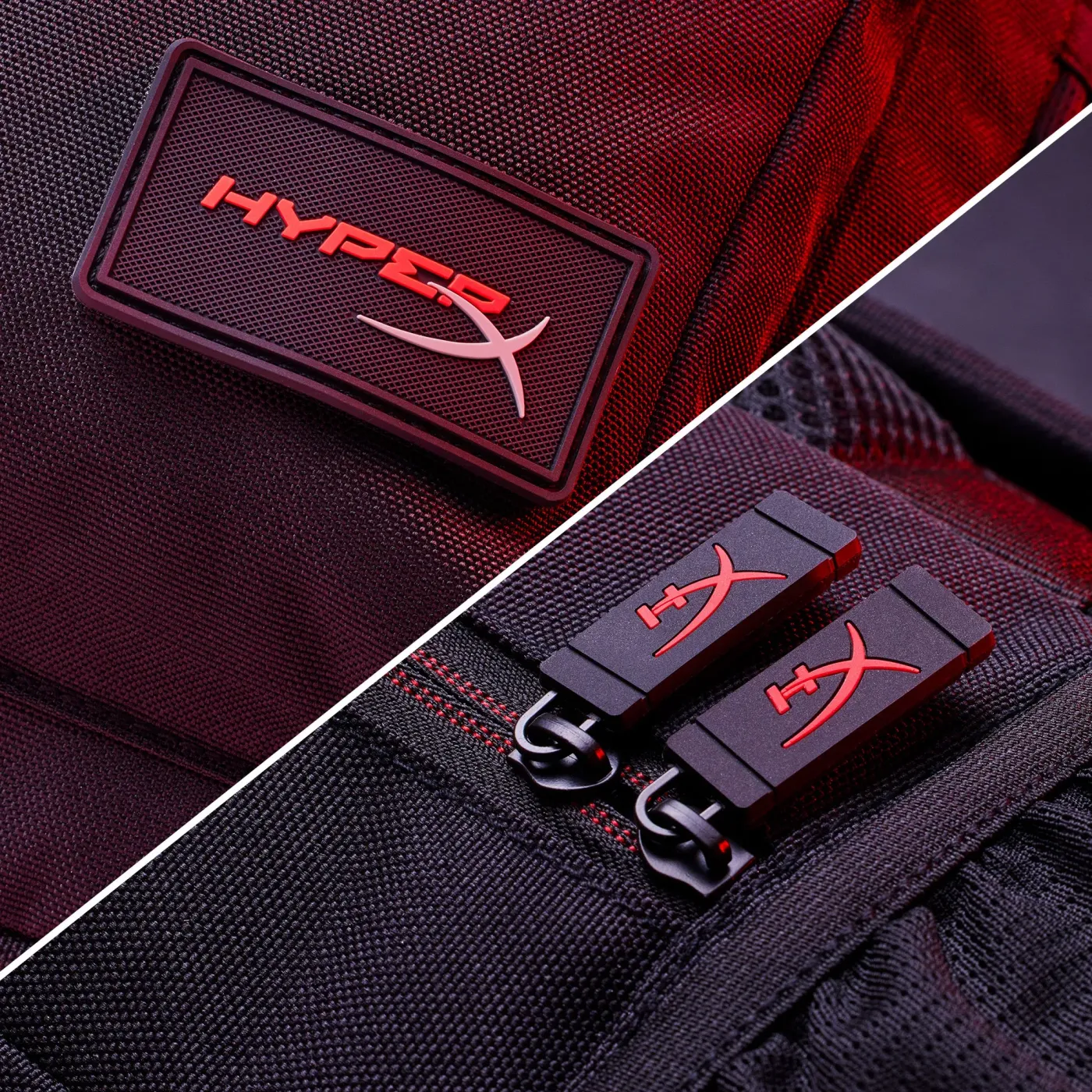 Close-up of HyperX branding elements including custom zippers and patch