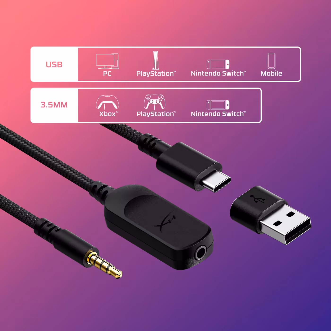 Headset displaying various connection cables including USB-C and 3.5mm