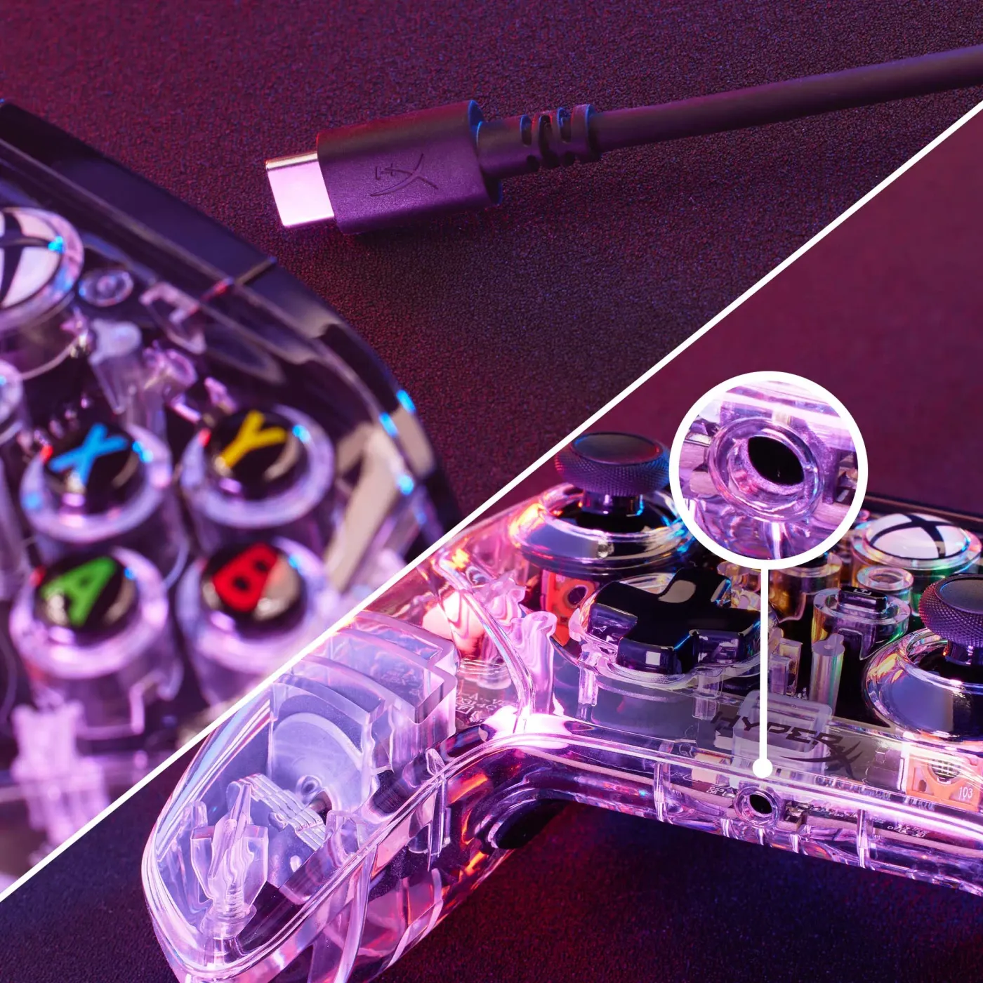 HyperX Clutch Gladiate RGB controller showing 3.5mm headset port and USB-C cable connection