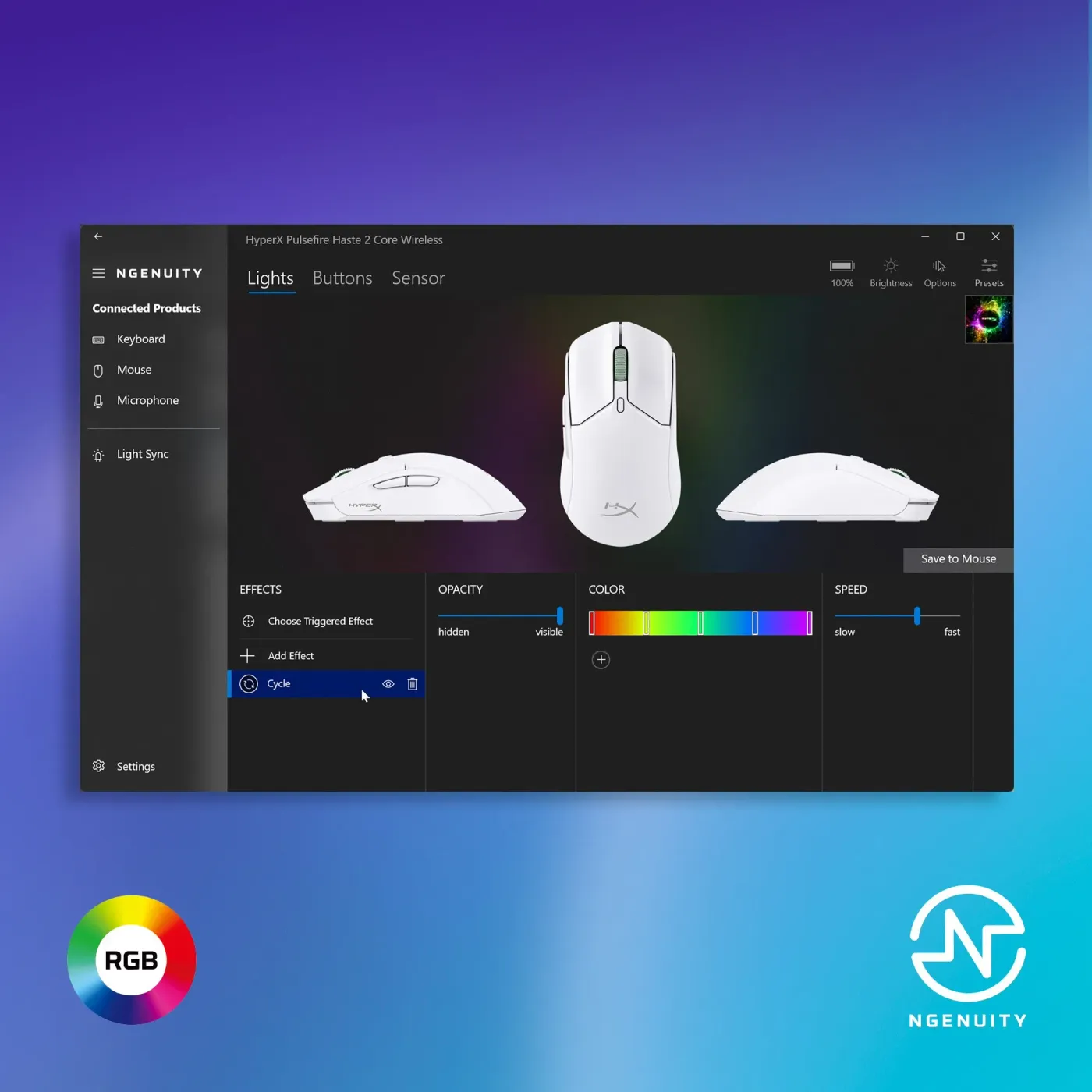 HyperX NGENUITY software interface for customizing lighting, macros, and DPI settings