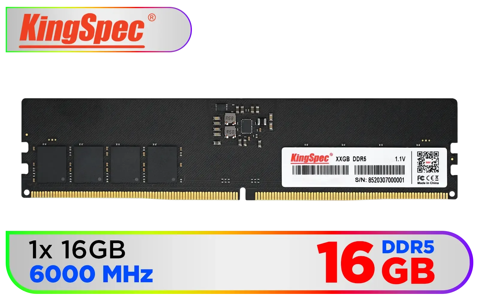 KingSpec 16GB (16x1) 6000mhz DDR5 Desktop Memory / Power Management ICs (PMICs) / 1.1~1.35V Power-Saving Technology / 288-pin DIMM / KS6000D5P12516G