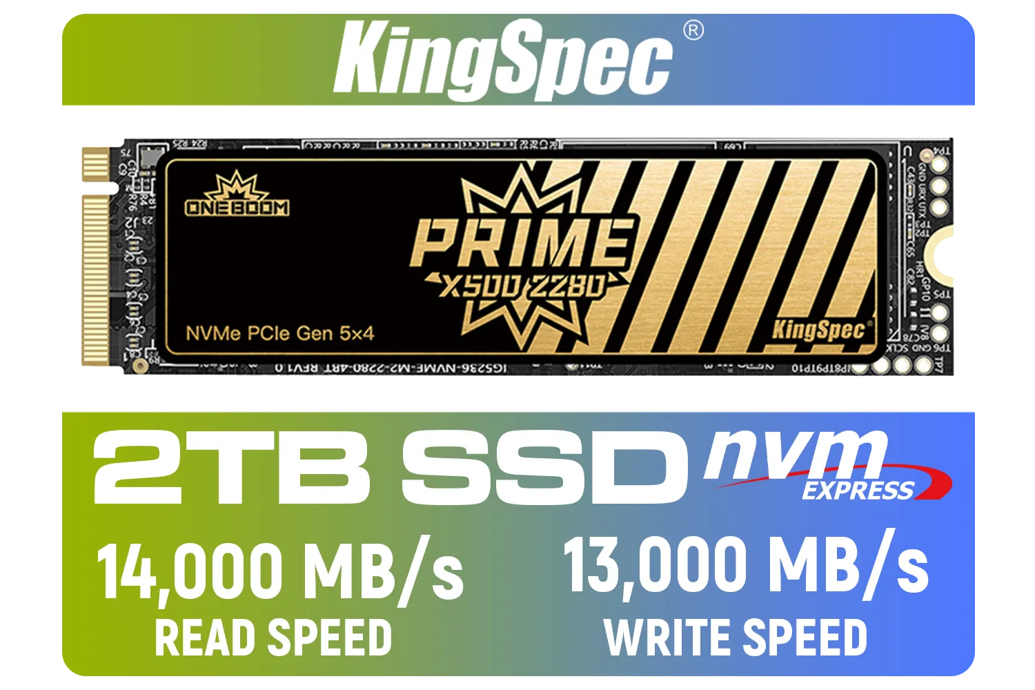 KingSpec X500 2TB NVMe Internal Solid State Drive / 3D NAND Flash Memory / PCIe Gen 5.0, M.2 2280, Up to 14 00MB/s/13 000MB/s Read/Write Speeds / X500-2280-2TB