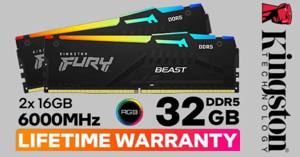 Kingston Fury Beast RGB 32GB 6000MHz DDR5 CL40 Memory - High-Speed