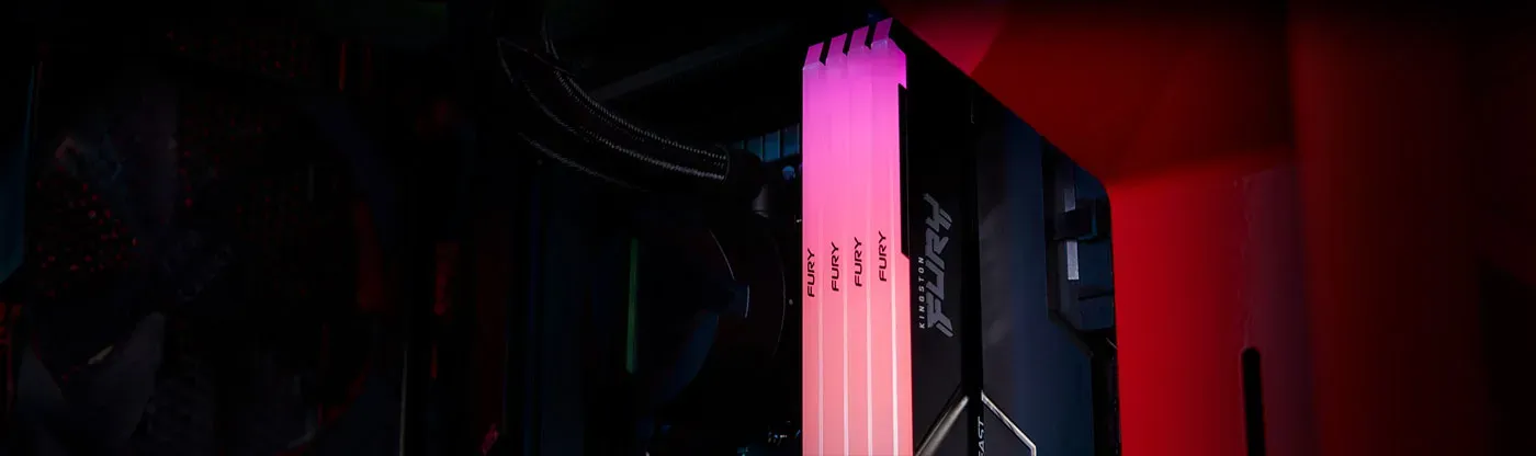 Two Kingston FURY Beast RGB DIMMs showing synchronised lighting effects