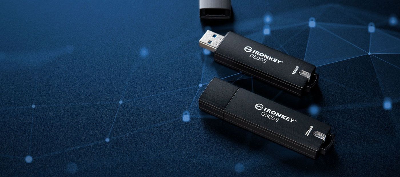 Kingston IronKey D500S 256GB encrypted flash drive shown in full