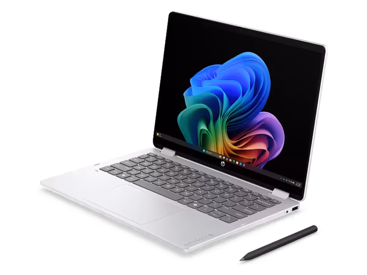 HP OmniBook 5 Flip 14 inch 2-in-1 laptop shown in glacier silver left-facing view
