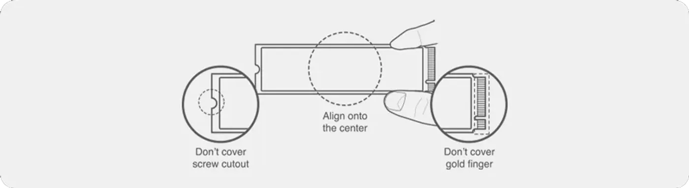 Step-by-step illustration of fitting the adhesive heatsink to the KLEVV CRAS C910
