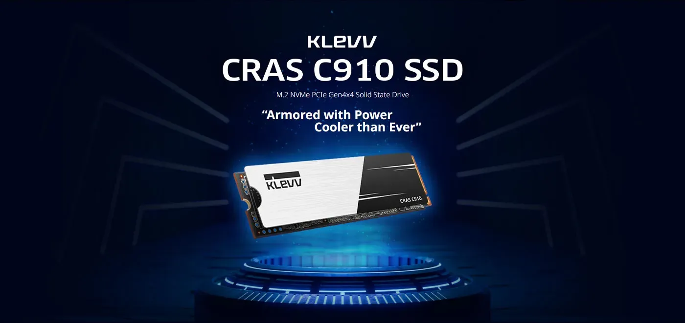 KLEVV CRAS C910 4TB NVMe SSD shown on a white background with its label visible