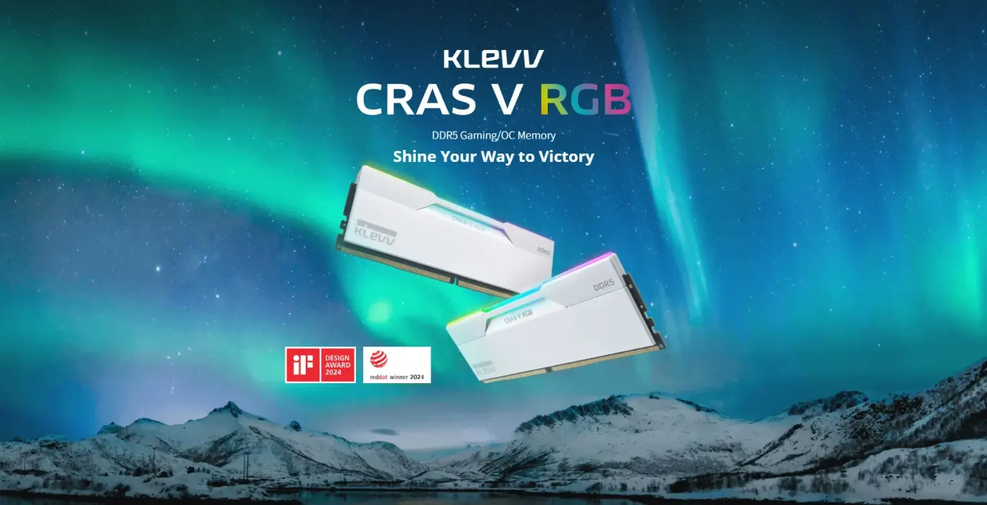 KLEVV CRAS V RGB DDR5 32GB gaming memory featuring sophisticated heatsink design and lighting