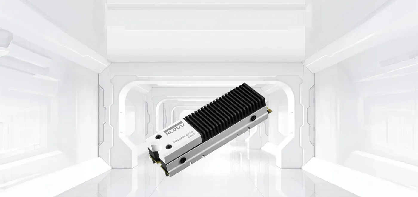KLEVV Genuine G560 M.2 2280 NVMe SSD shown at an angle with its aluminium heatsink