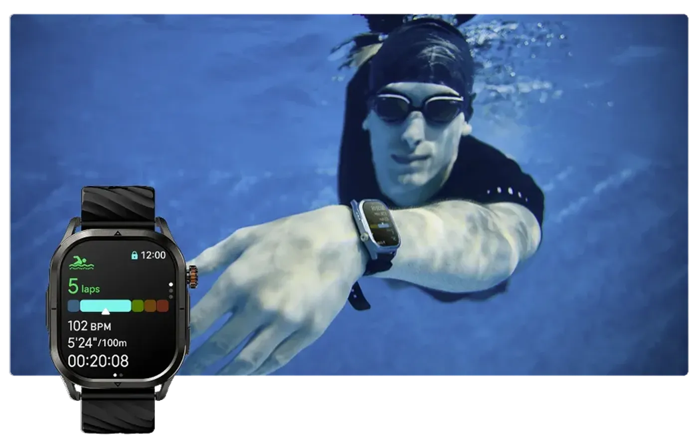 Swimmer using Kospet Magic P10 to track laps and stroke efficiency