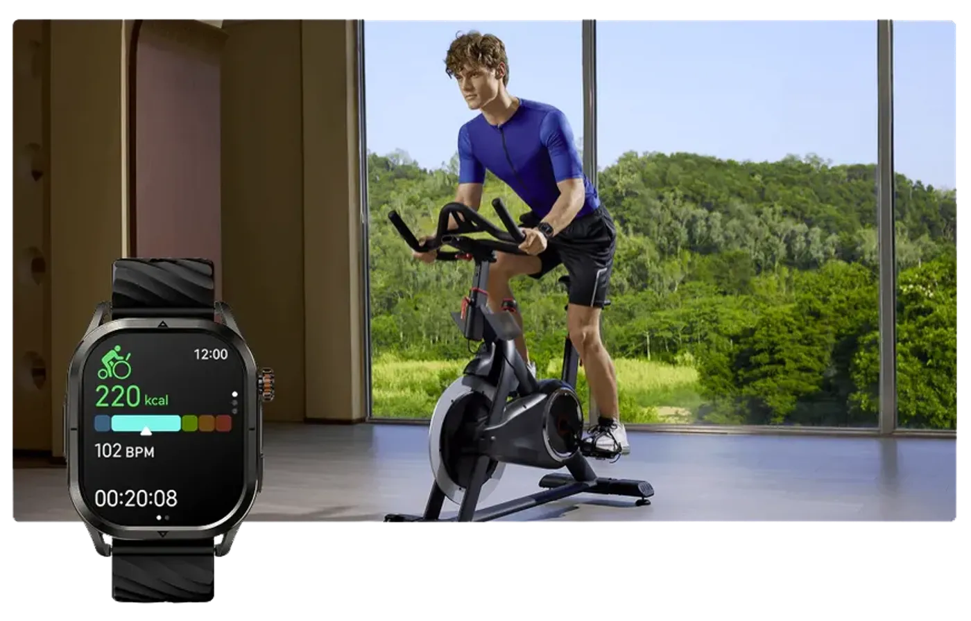 Cyclist monitoring workout metrics on their Kospet Magic P10