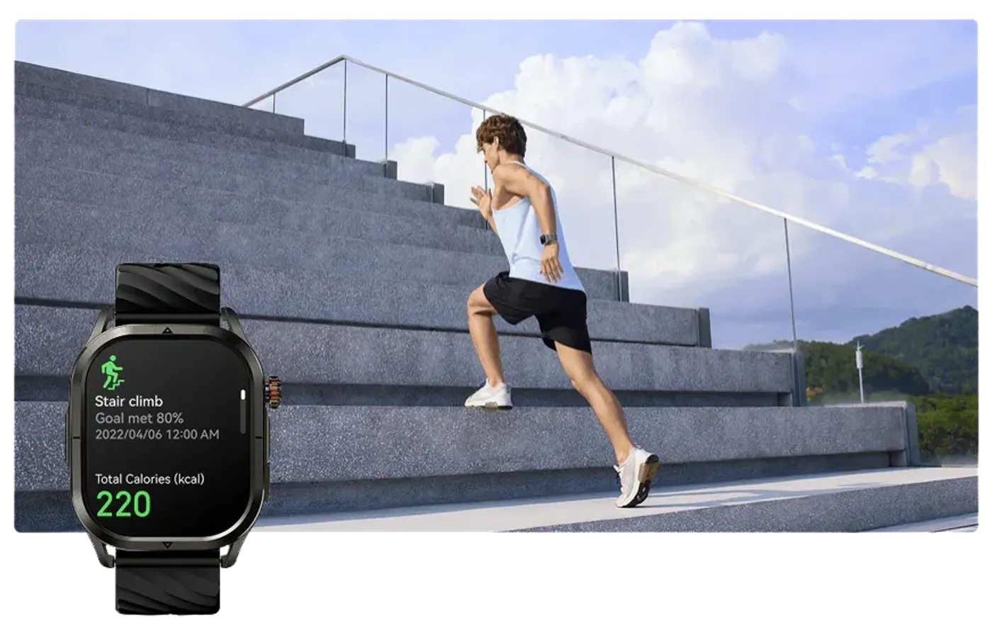 Smartwatch activity summary highlighting stair climbing and cardio data