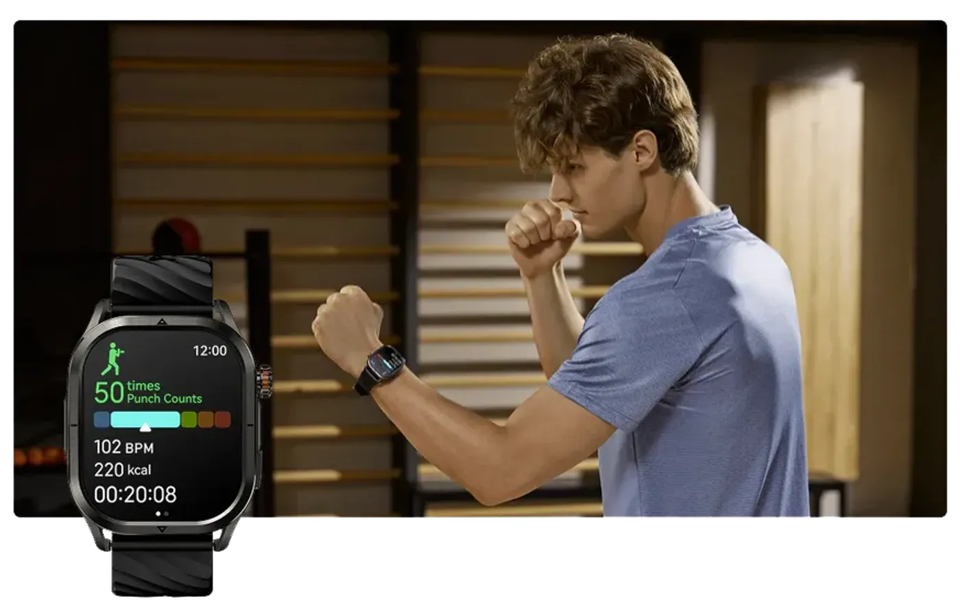 Smartwatch screen displaying boxing movement rhythm and punch frequency