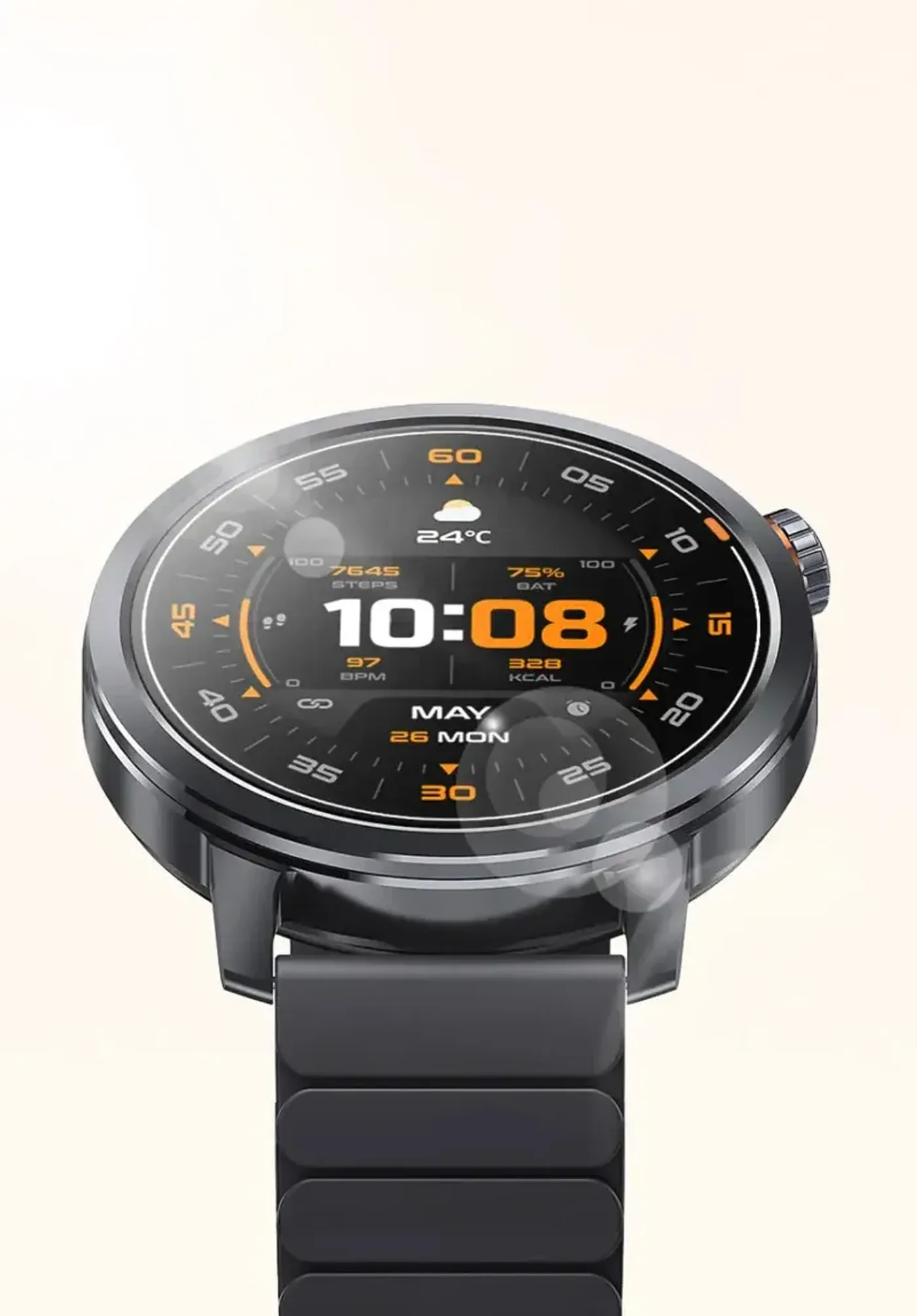 Close view of the Orb's AMOLED screen and rotating crown