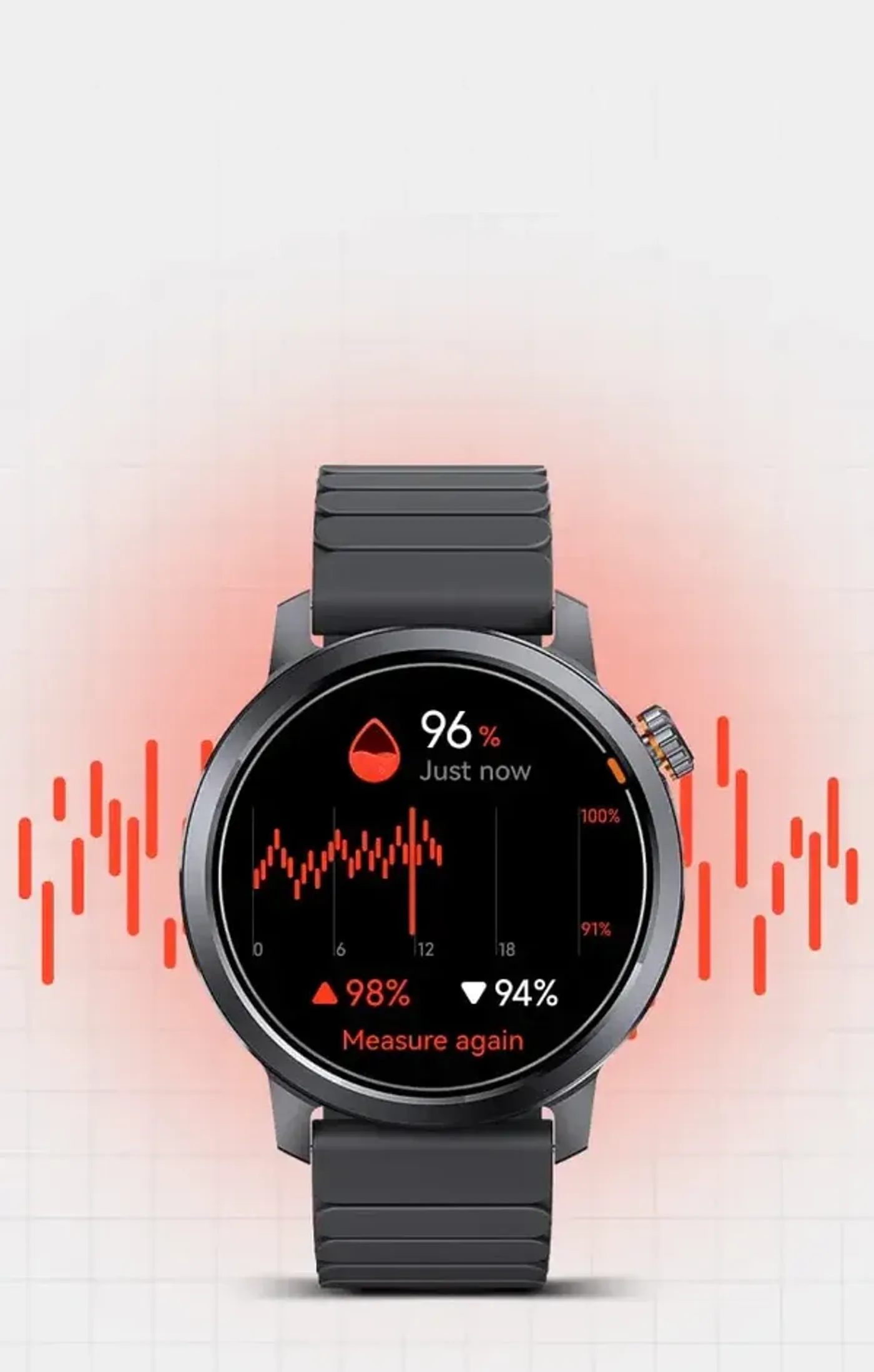 One-tap check screen showing heart rate, SpO2 and stress on the Orb