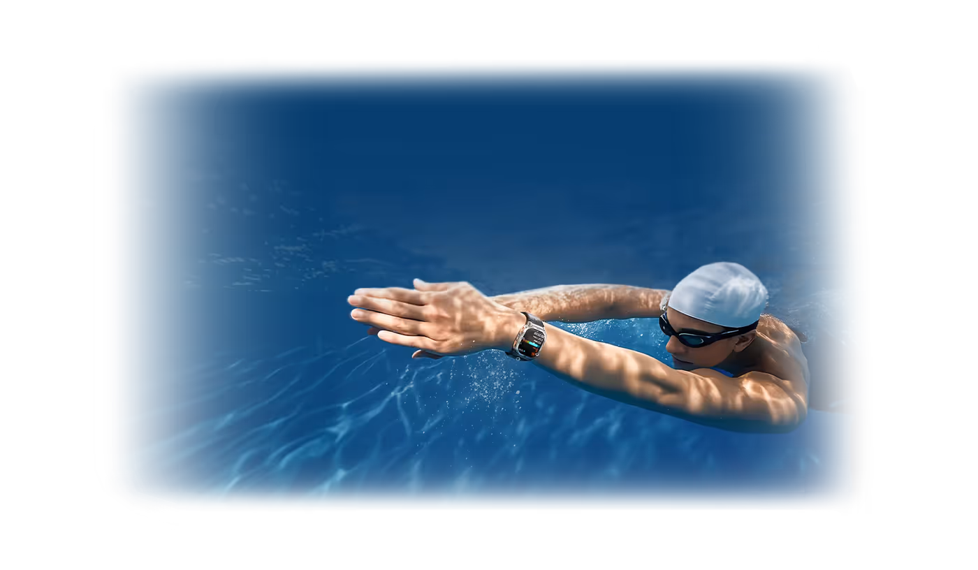 Smartwatch tracking swimming metrics including SWOLF score and stroke recognition