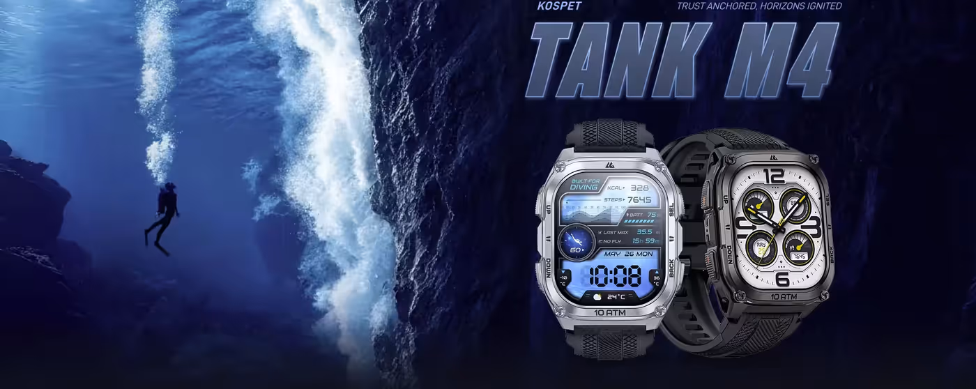 Rugged KOSPET TANK M4 smartwatch built for extreme environmental conditions and durability