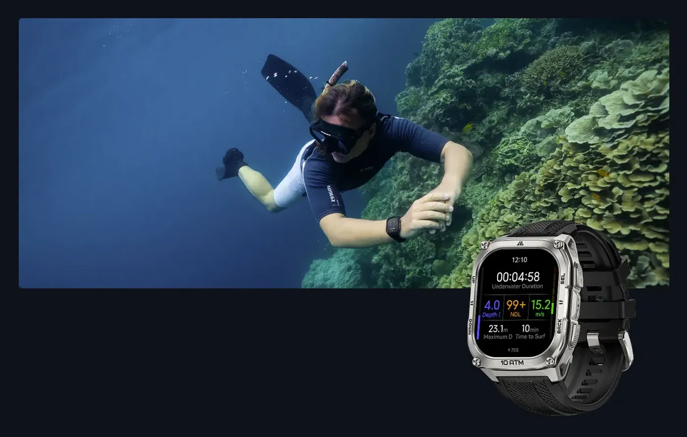 Freediving tracking features displaying depth, time, and temperature data
