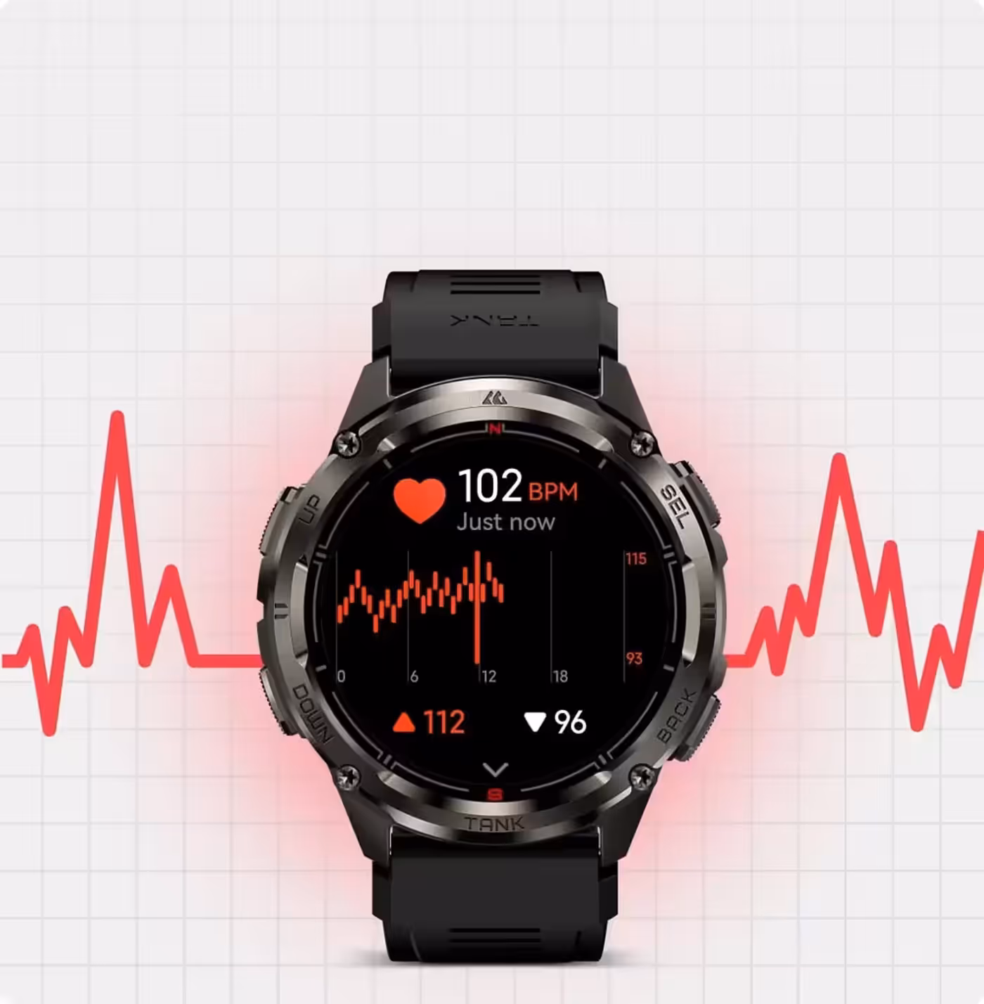 Smartwatch interface showing live heart rate monitoring data
