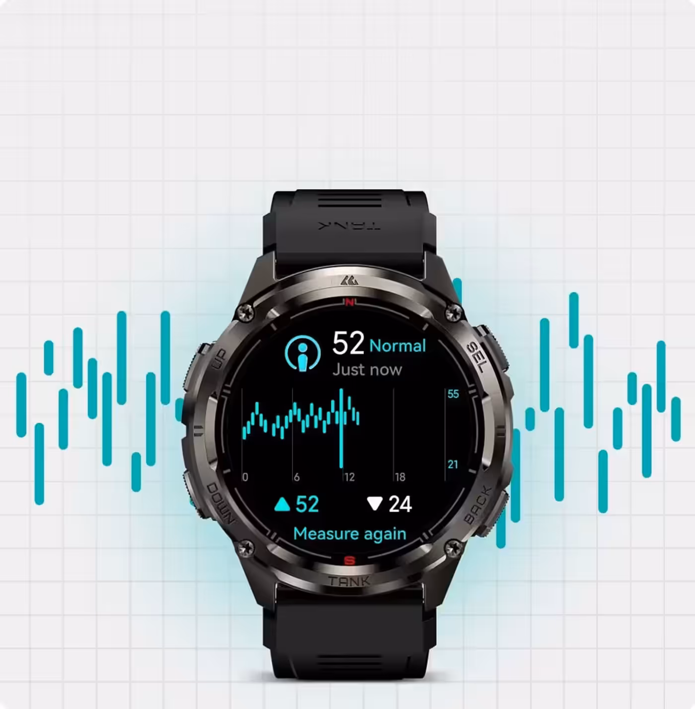 Smartwatch interface displaying stress monitoring and relaxation features