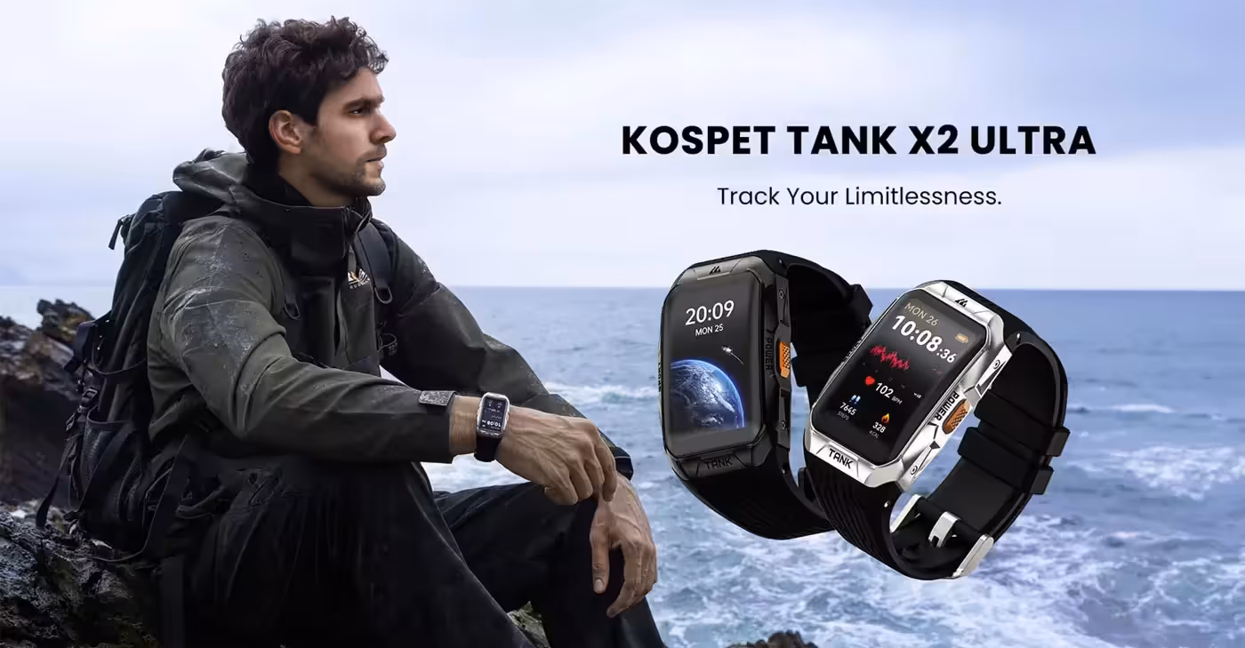 KOSPET Tank X2 Ultra GPS smart watch in black with its AMOLED display lit