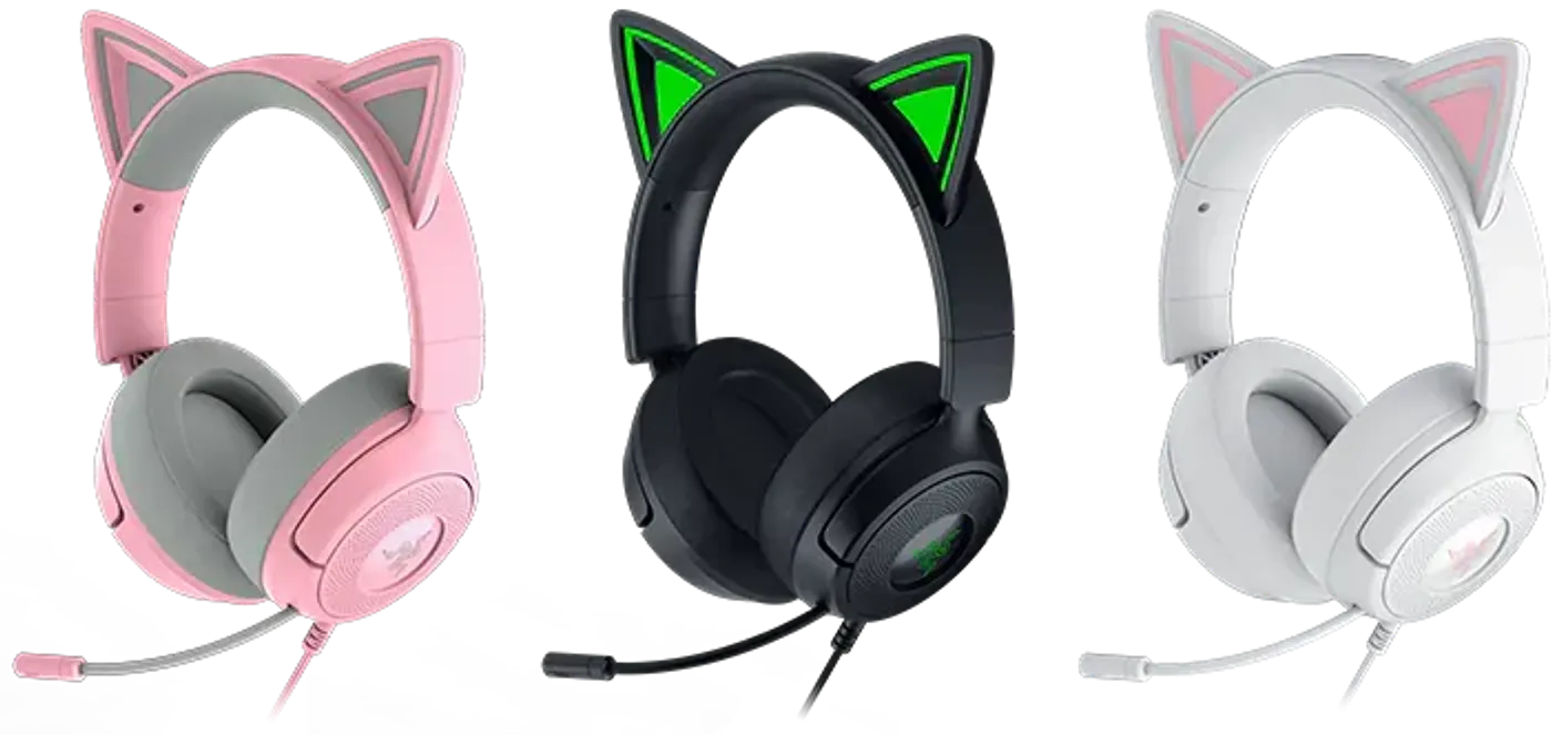 Three gaming headphones with cat ear designs in pink, black with green accents, and white, all with attached microphones.