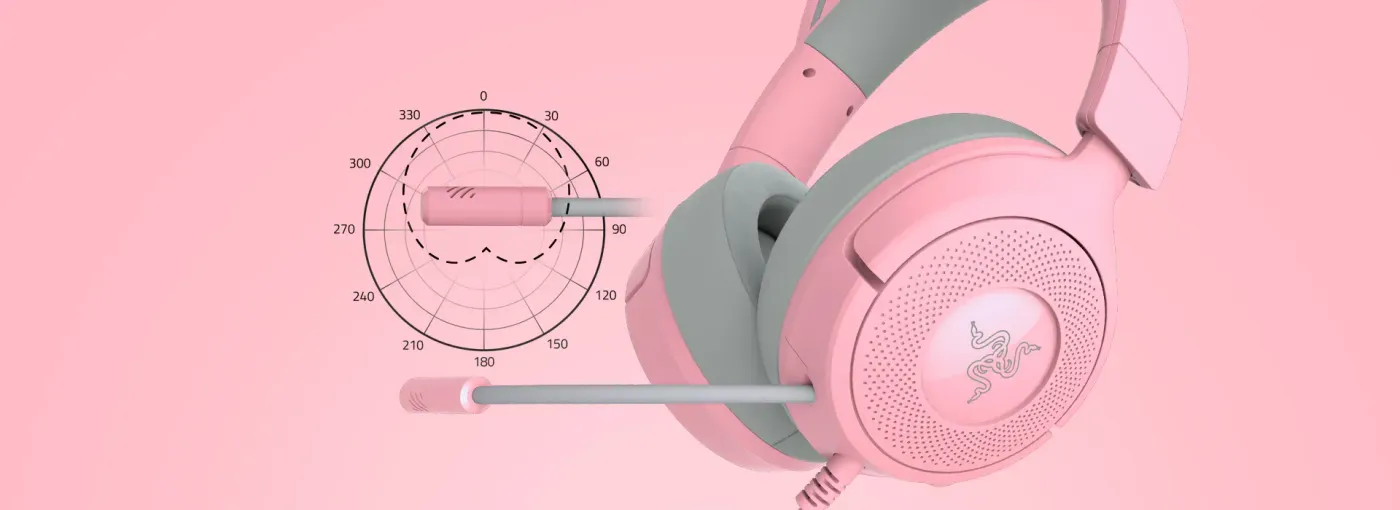 Pink gaming headset with Razer logo, adjustable mic, and a diagram showing the microphone angle with a circular measurement guide.