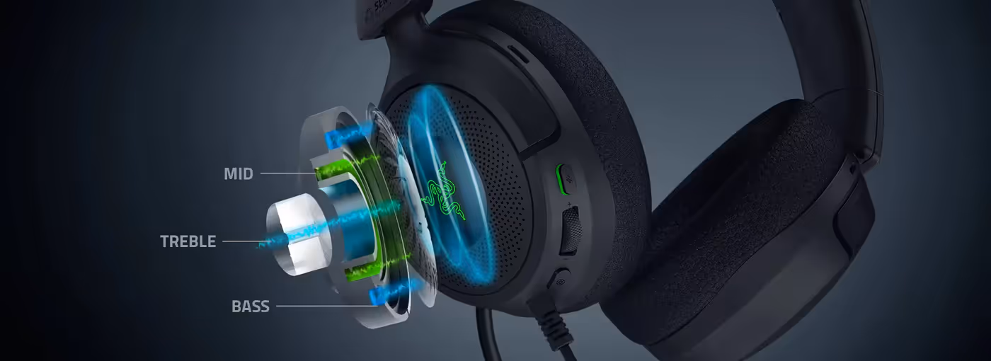 Cross-section of a Razer headset showing internal speaker components labeled MID, TREBLE, and BASS, with sound waves illustrated.