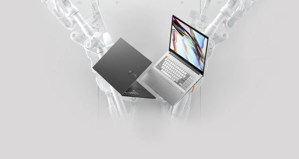 A left facing laptop image with cycling background and video editing UI.