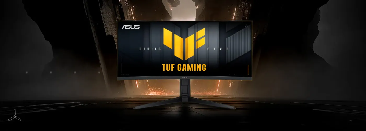 The TUF Gaming monitor VG34WQML5A displaying vibrant, colorful graphics with the TUF logo at its center.
