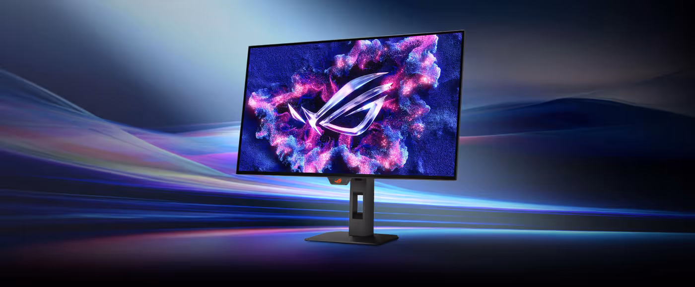 ROG Strix OLED XG27AQWMG monitor with neon visual effects and feature highlights