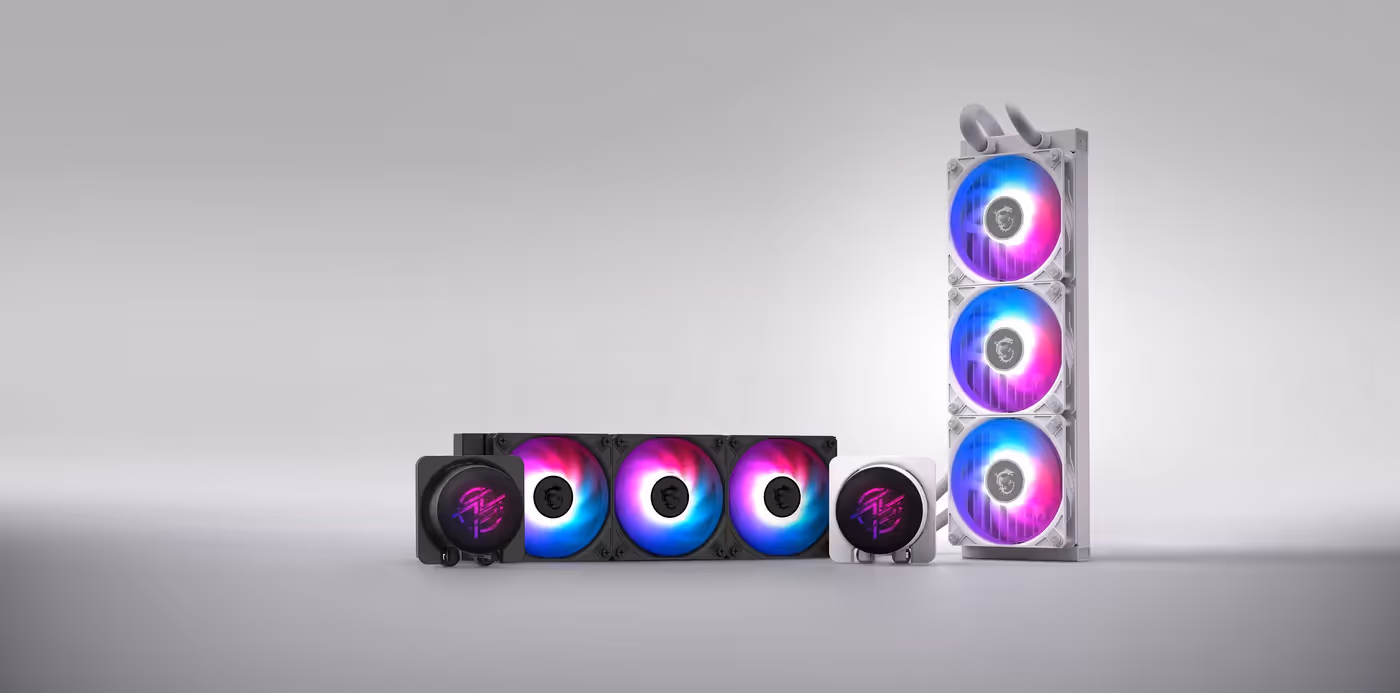 MSI MPG CoreLiquid P13 360 water block with its curved glass cover, tubing and radiator