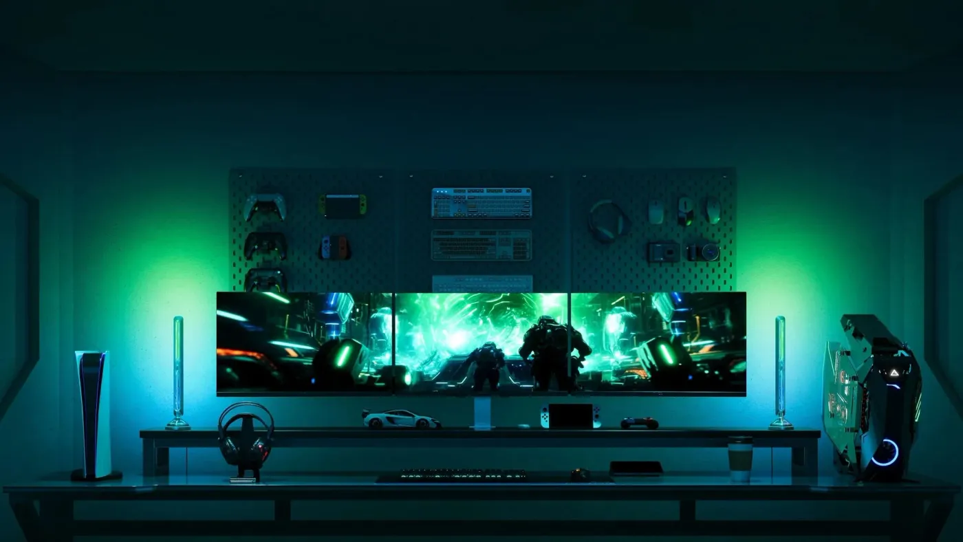 Gaming setup featuring Govee Gaming Light Bars Pro with cyberpunk atmosphere