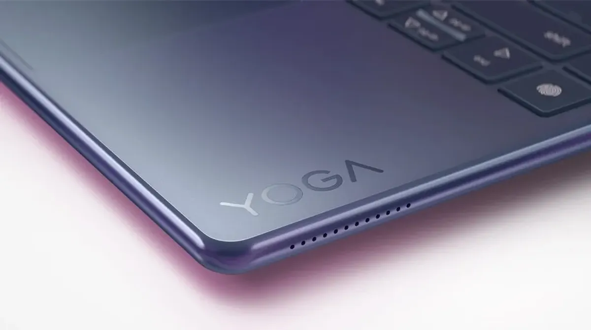 Close-up of the polished side walls and edge-to-edge keyboard on the Yoga 9i 2-in-1